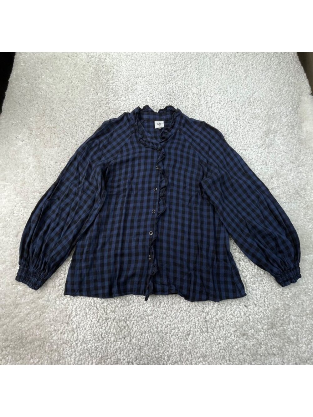 Cabi Aberdeen Ruffle Front Plaid Button Down Blouse Blue Womens Small